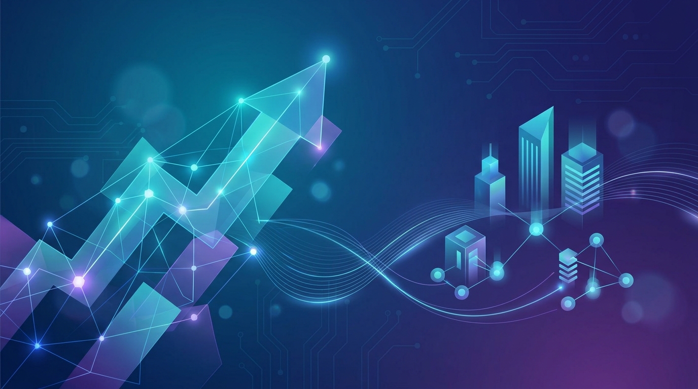 Abstract illustration of a glowing upward-trending arrow made of connected network lines rising over a city skyline, with circuit board traces on a dark blue and purple background.