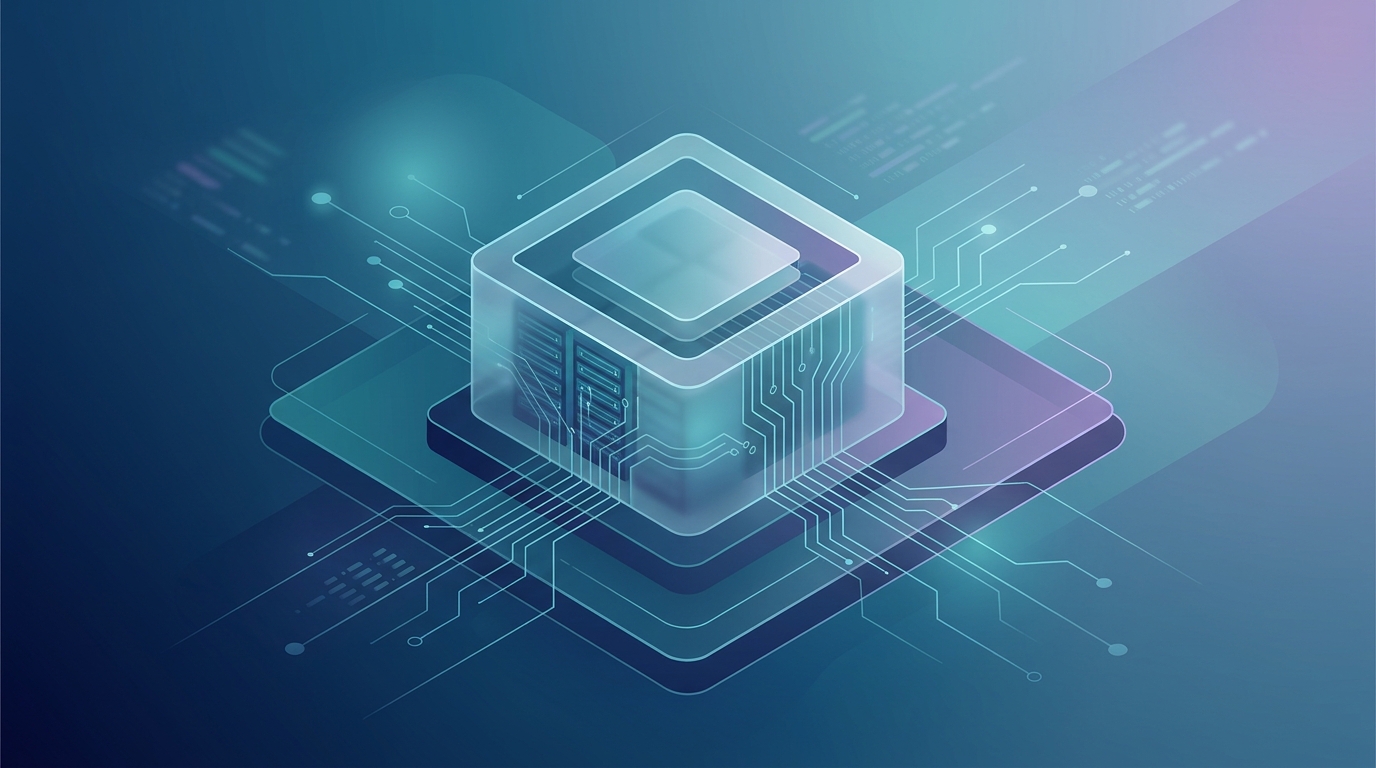 A glowing translucent AI processor chip on a layered circuit board, dark navy background with teal and purple light accents.